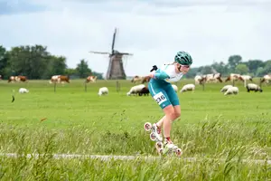 Marijke skeelert tussen het vee in Hallum 2025