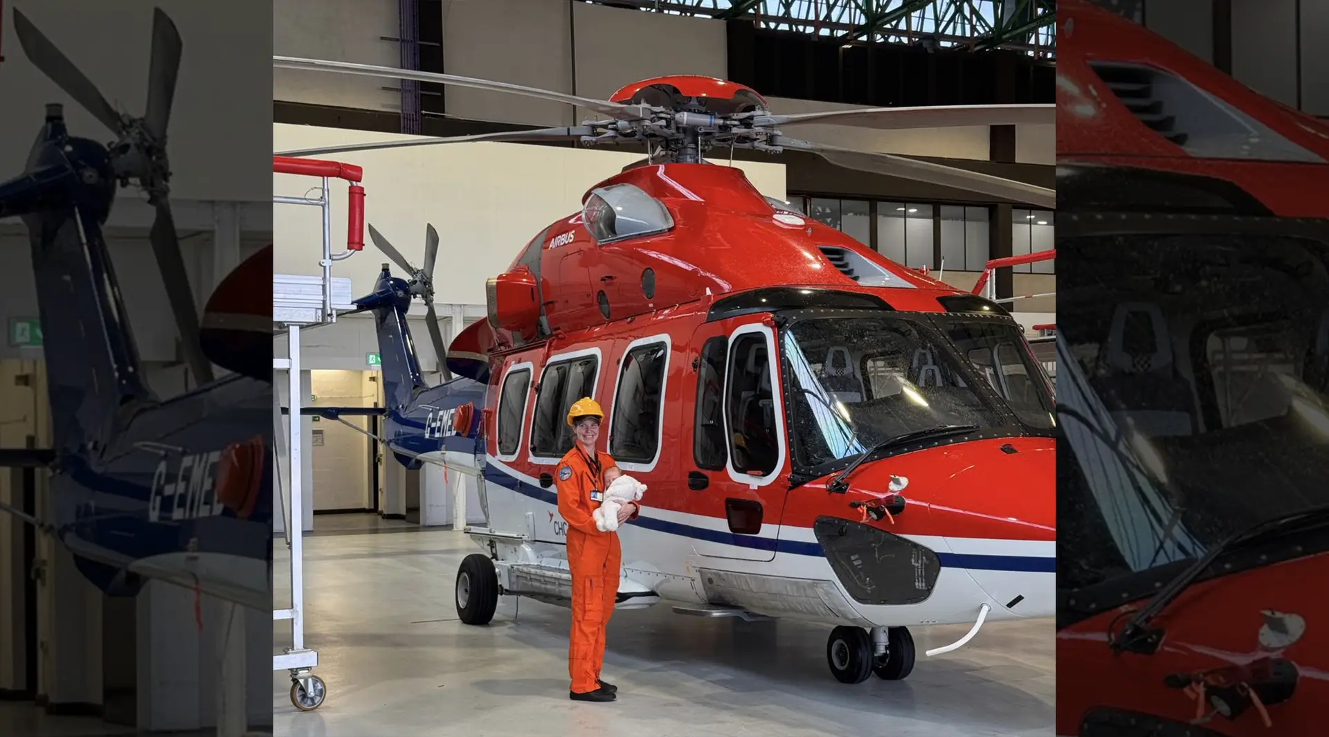 Elma de Vries naast helikopter met dochter Fenna