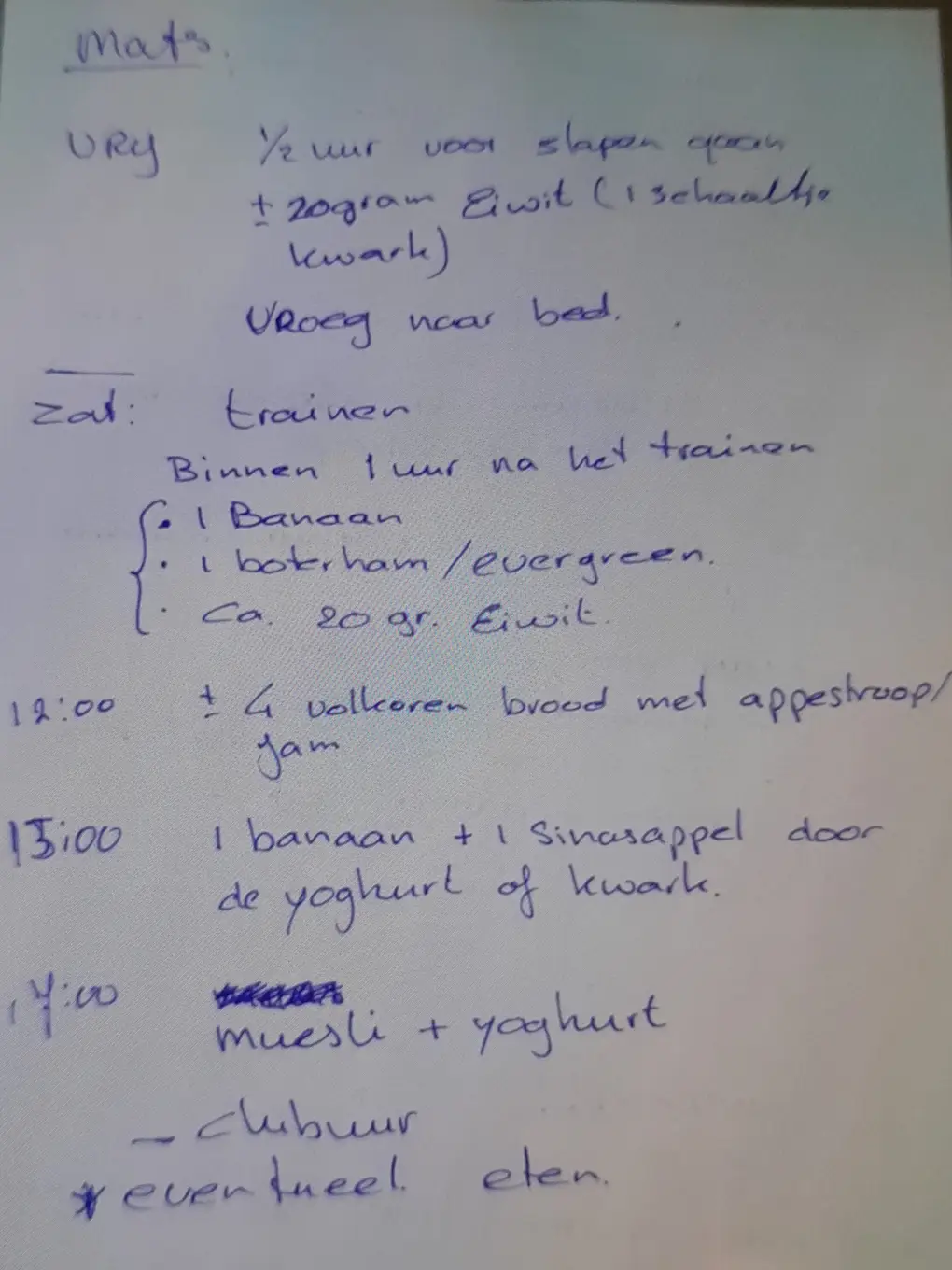 Het voedingsschema bewijst hoe serieus hij al op jonge leeftijd met topsport bezig was.