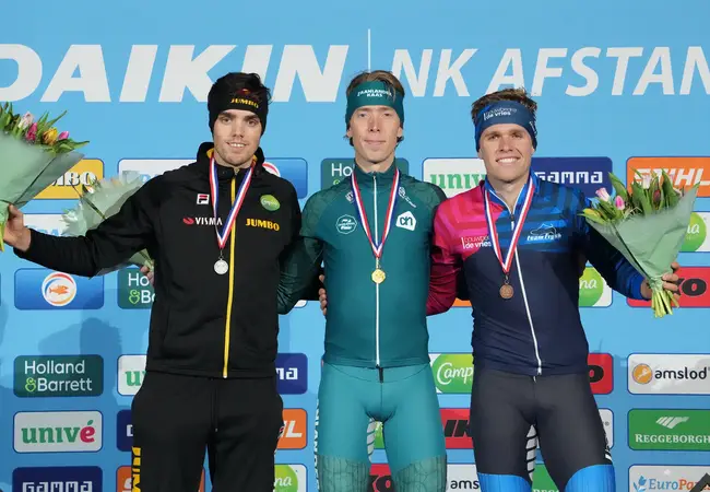 NK Afstanden, 10 km, podium: Patrick Roest - Jorrit Bergsma - Marwin Talsma