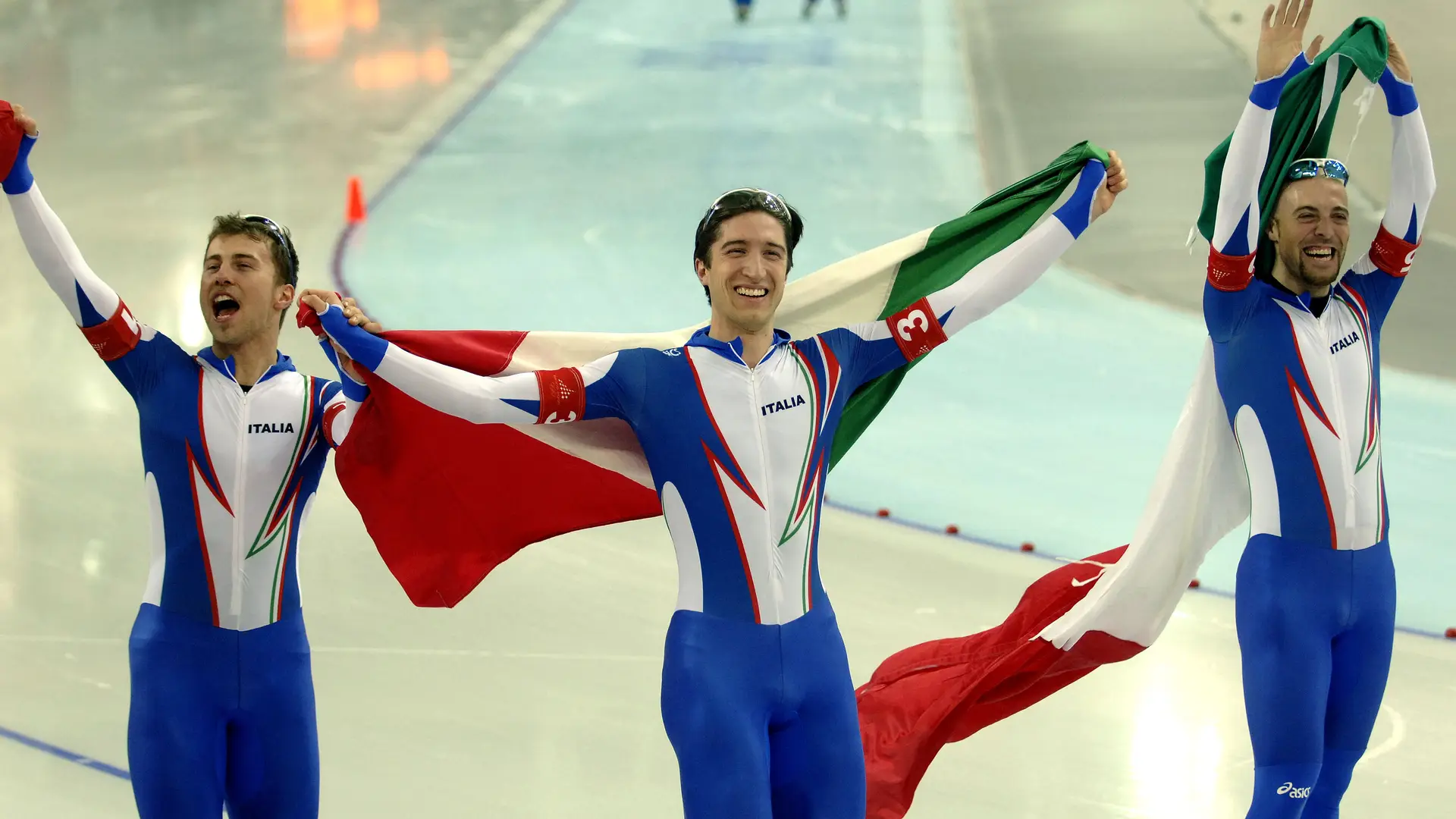 Matteo Anesi, Enrico Fabris en Ippolito Sanfratello, olympisch kampioen ploegenachtervolging, OS 200
