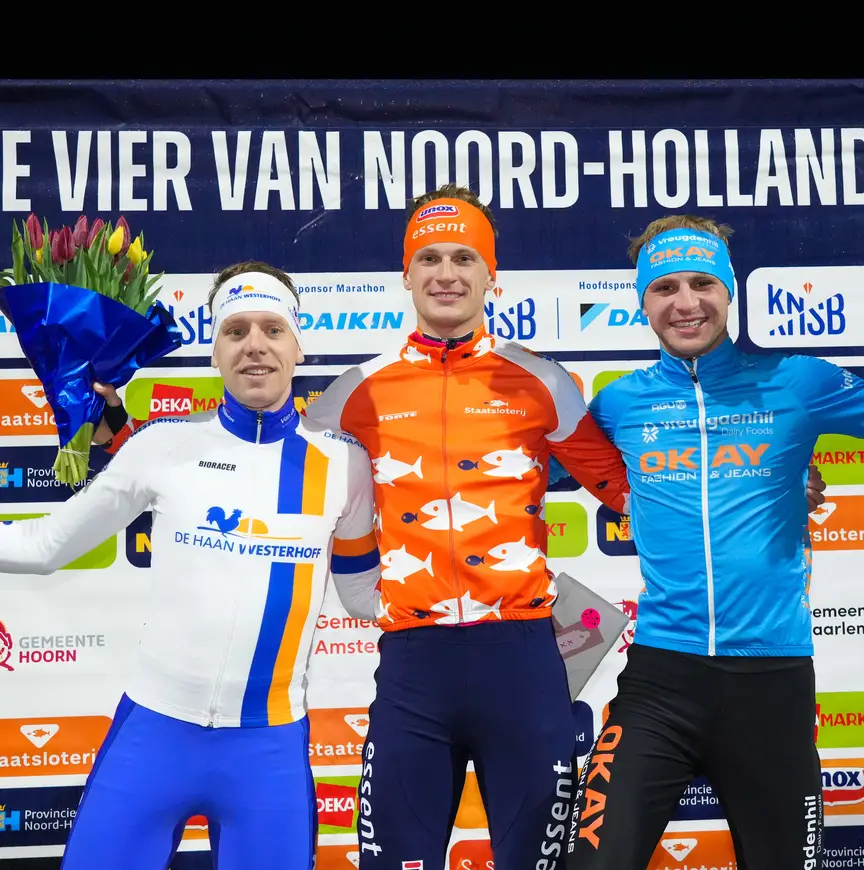 Het podium in Amsterdam: Niels Overvoorde, Remco Stam en Maikel Stam (vlnr)