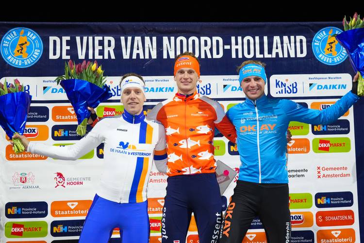 Het podium in Amsterdam: Niels Overvoorde, Remco Stam en Maikel Stam (vlnr)