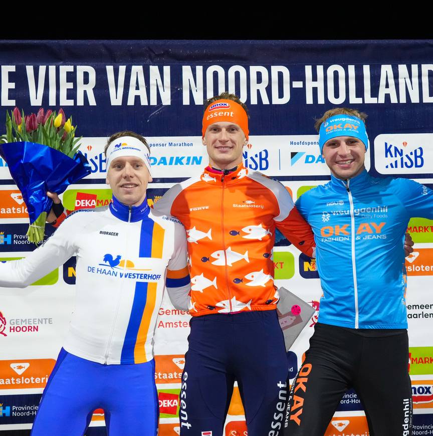 Het podium in Amsterdam: Niels Overvoorde, Remco Stam en Maikel Stam (vlnr)