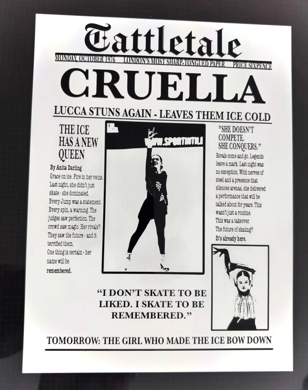 Ontwerp van Cruella-krantenknipsel op pakje Lucca Dijkhuizen